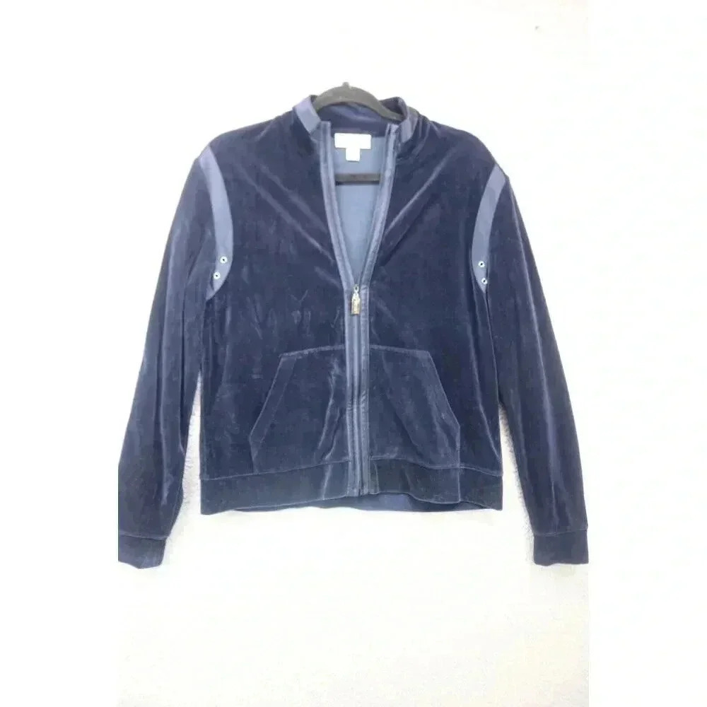 St. John Sport Blue Velvet Full Zip Bomber/Track Jacket-Size Medium-Satin Trim
